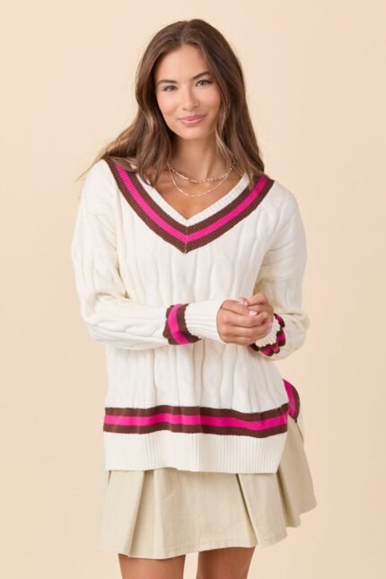 Paris Pink And Brown Varsity Stripe Cable Knit V-neck Pullover